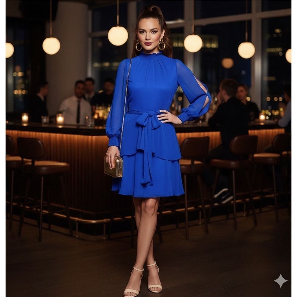 Rosalia Long Split Sleeve Smocked Mock Neck Tie Waist Layered A-Line Dress